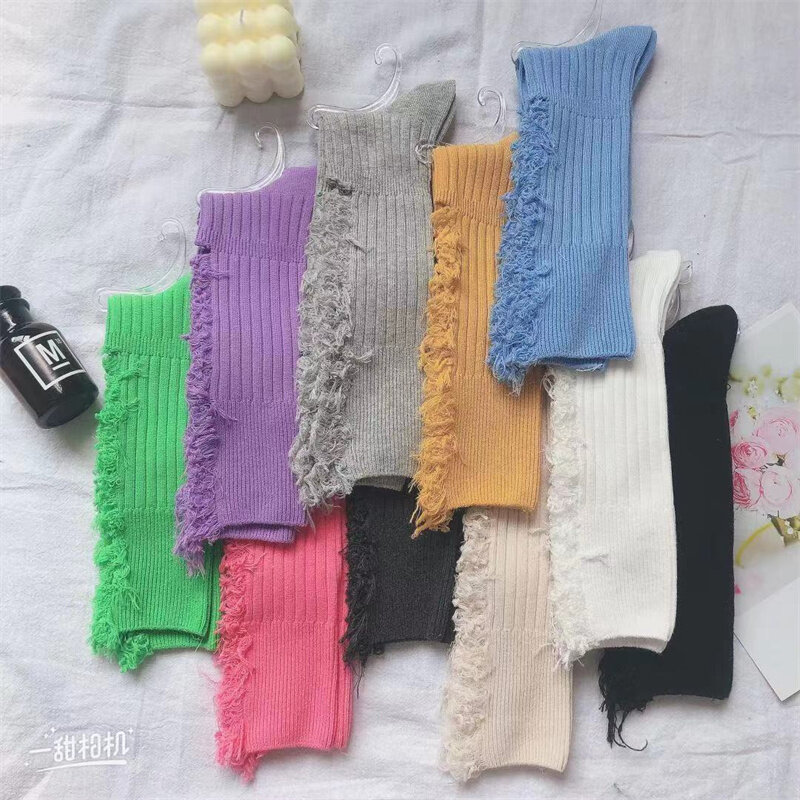 Calcetines con agujeros rotos para mujer, medias Retro de punto grueso, con pelo de tubo medio, con personalidad coreana