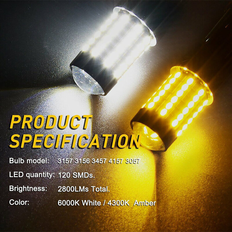 Lampu mobil LED, 2 buah/set 3157 4157 Switchback LED warna ganda putih Amber lampu sinyal belok lampu Anti hiper Flash 120 SMD bohlam