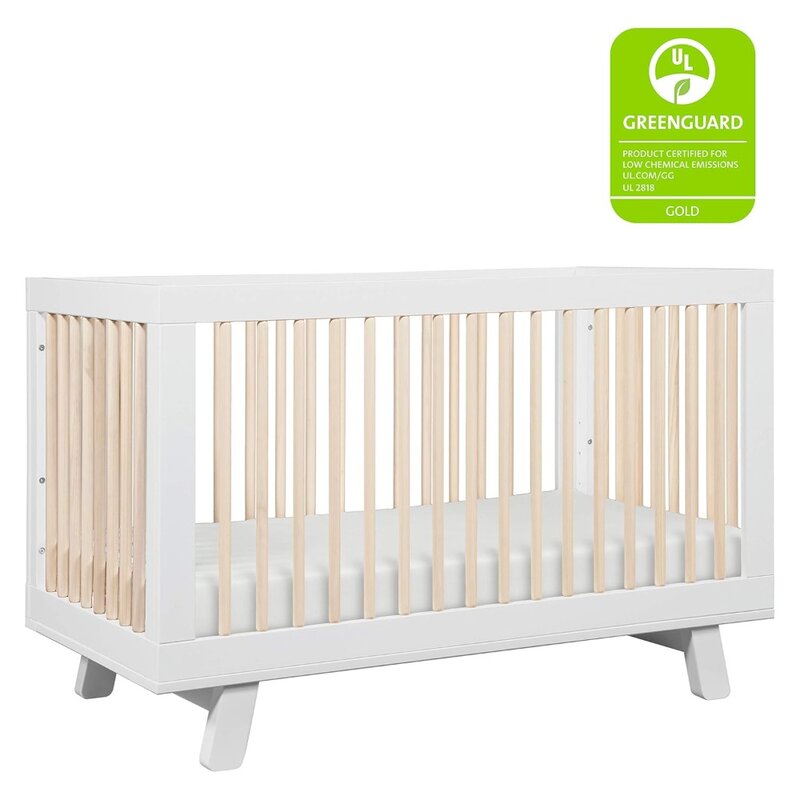 Babyletto Hudson 3-in-1 Convertible Crib with Toddler Bed Conversion Kit in White and Washed Natural, Greenguard Gold Certified