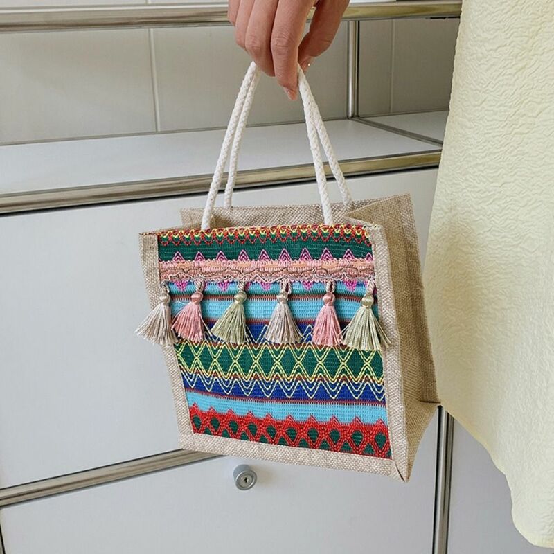 Bolso de hombro étnico Retro para mujer, bolsos de mano con borlas de lino exquisitas, bolso de compras informal de viaje de ocio