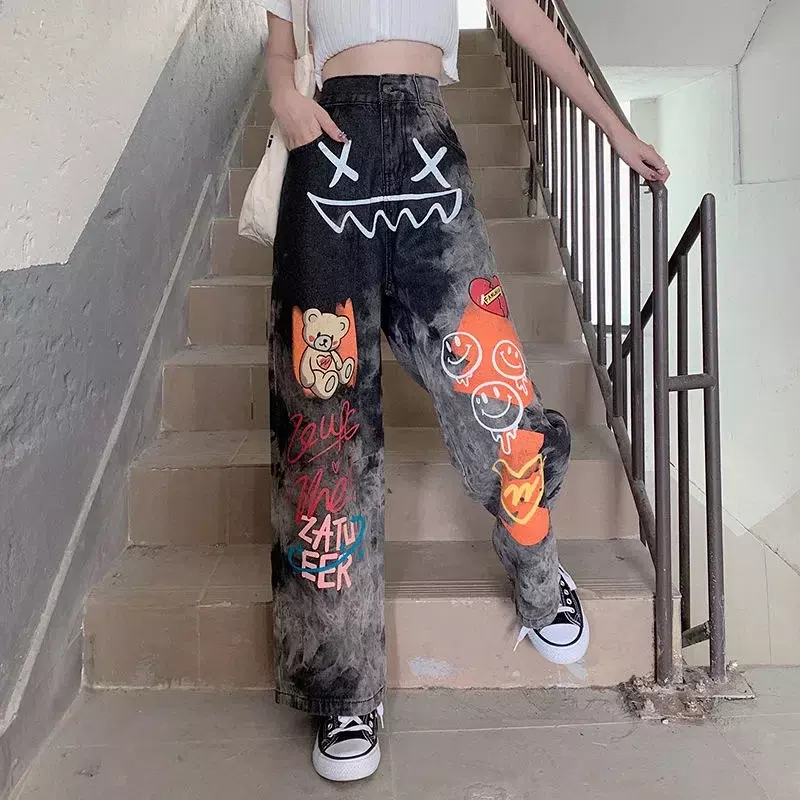 Женские джинсы с принтом граффити, мешковатые прямые широкие брюки-карго в американском стиле, винтажная одежда, Y2k
