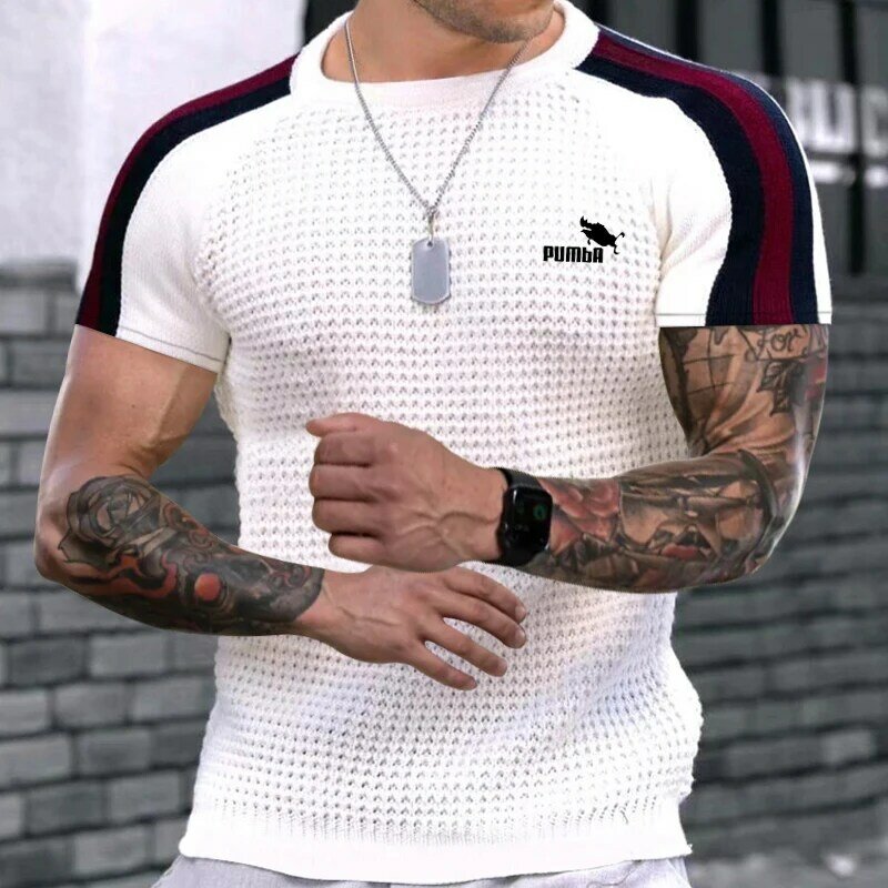 Męska wiosenna letnia nowa bluzka z waflowym wzorem dla mężczyzn wysokiej jakości z dzianiny w stylu Casual ciężkie koszula z okrągłym dekoltem koszulki