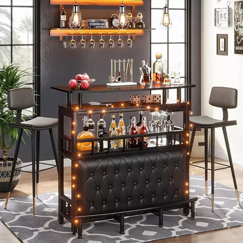 Tribesigns Home Bar Table Unit with 3 Tier Storage Shelves, Small Mini Bar Counter with Front Upholstered and Metal Footrest