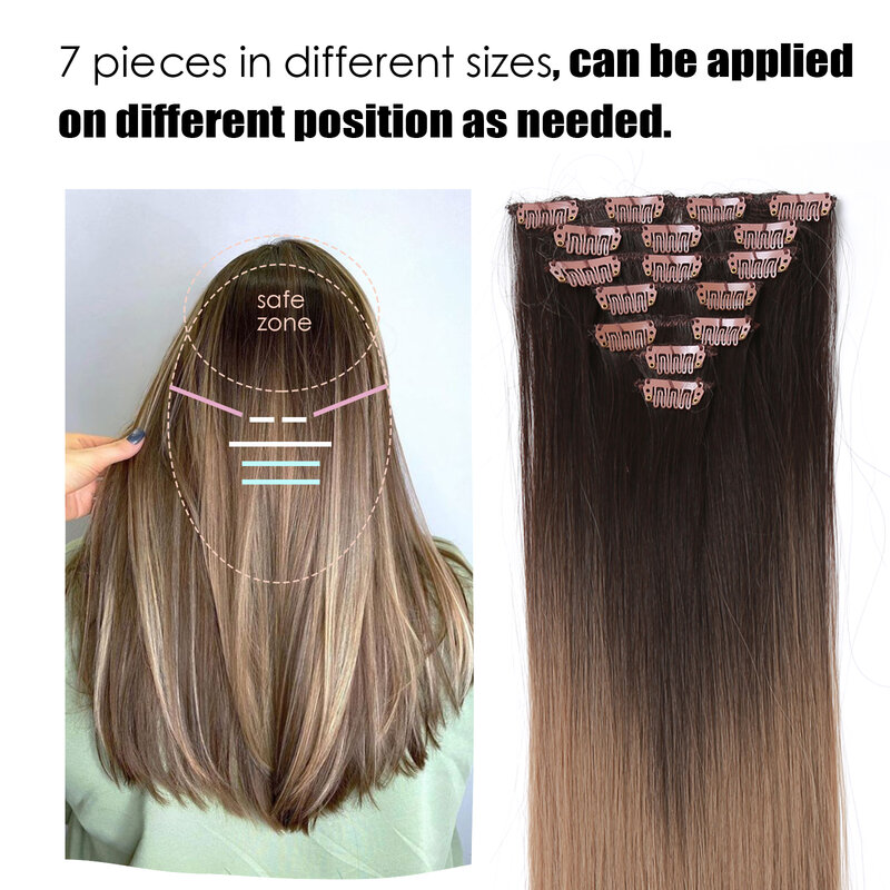 Clipe reto sintético na extensão do cabelo para mulheres, cabelo falso natural longo, preto, marrom, postiços grossos, resistente ao calor, ombre