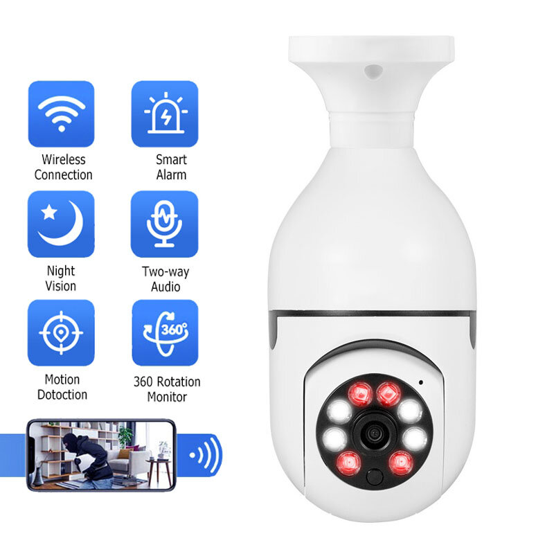 Caméra de vidéosurveillance intérieure, caméra IP, vision nocturne infrarouge, webcam réseau sans fil, lampe de sécurité à domicile, WiFi, ampoule