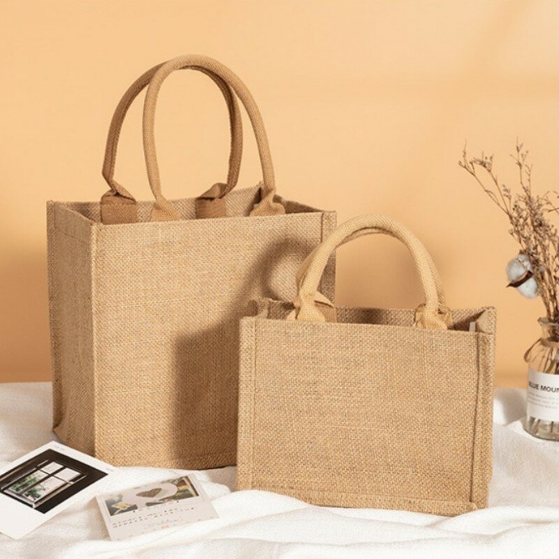 Bolsa portátil ecológica de linho, sacola feminina, grande capacidade, vários tamanhos, estilo retro-inspirado, bolsa DIY, saco de compras