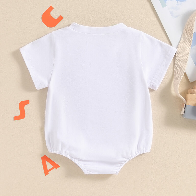 Romper de manga curta com carta bordada em torno do pescoço, macacão para o recém-nascido menino, 4 de julho, moda, 0-18m, 2024-03-12