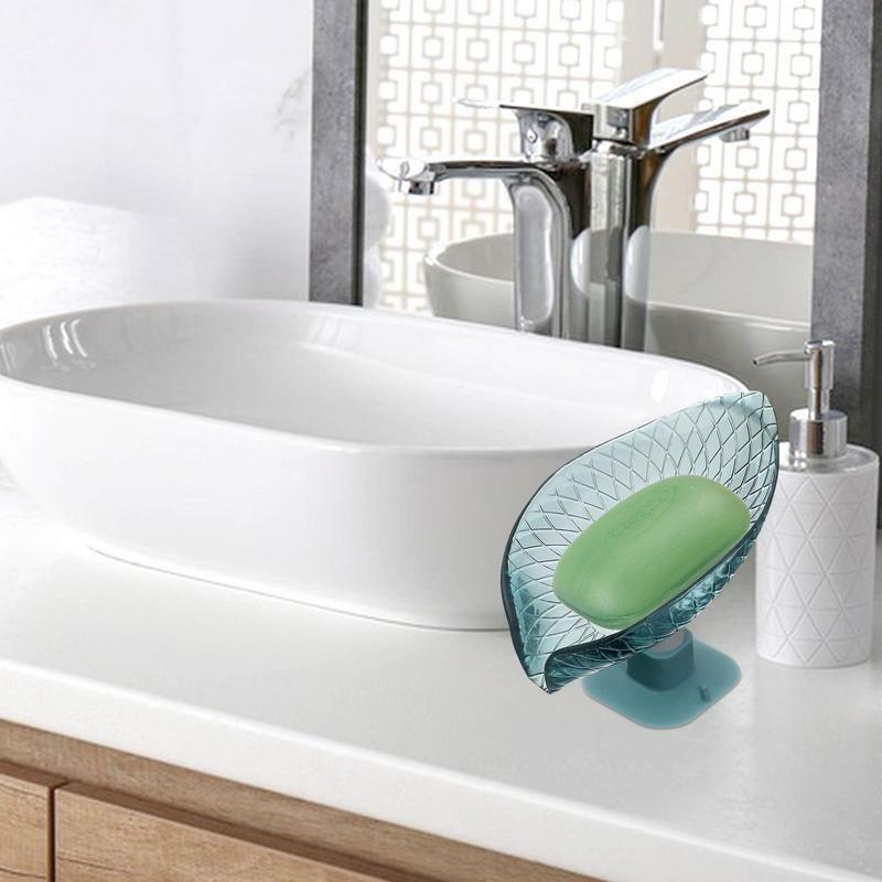 Caja de jabón con ventosa para baño, jabonera portátil con forma de hoja, bandeja para lavabo, soporte para jabón de ducha con drenaje