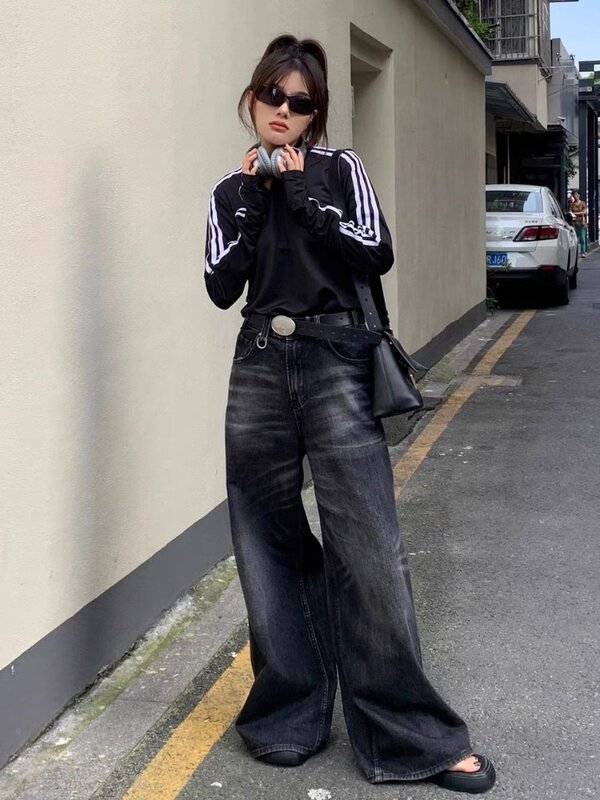 HOUZHOU-pantalones vaqueros negros Grunge Y2k para mujer, ropa de calle coreana, Vintage, holgada, de cintura alta, de pierna ancha, Retro