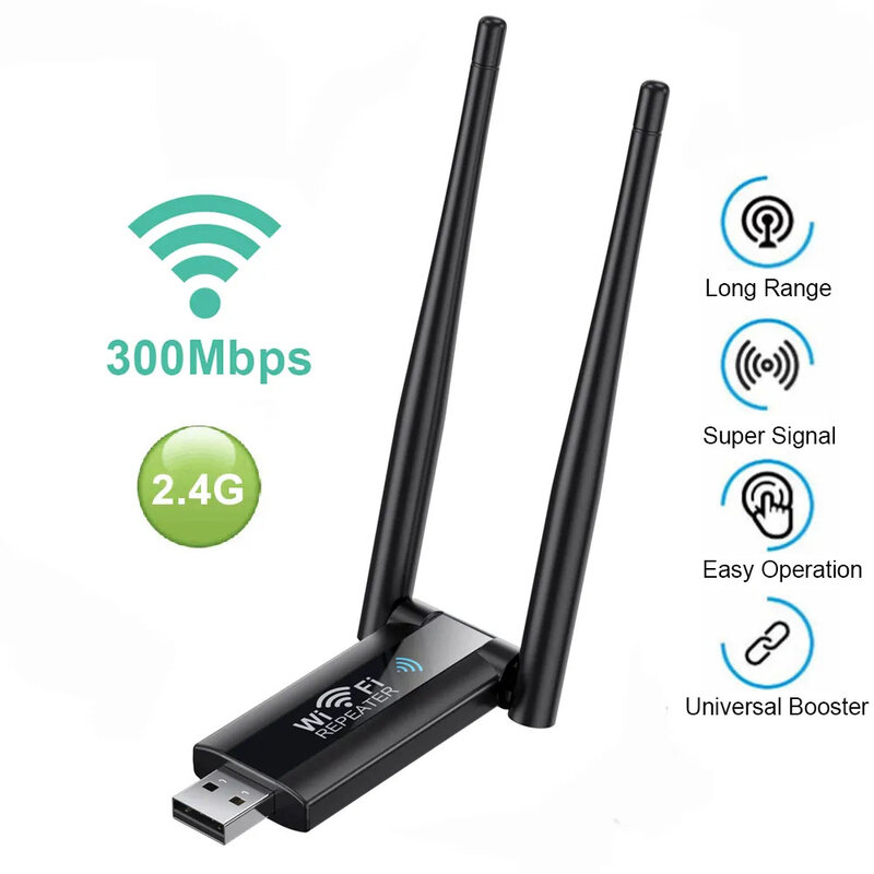 Usb 2.4G 300Mbps Draadloze Wifi Repeater Extender Router Wi-Fi Signaalversterker Booster Lange Afstand Netwerkkaart Adapter Voor Pc