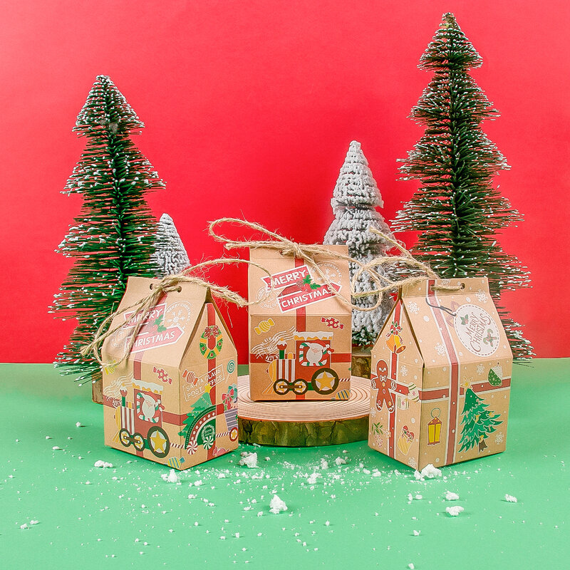 10 шт. Рождественская коробка для конфет, подарочный пакет в форме домика, Рождественская елка, снеговик, подарочные коробки на Рождество, Новый Год, Рождество, коробка из крафт-бумаги