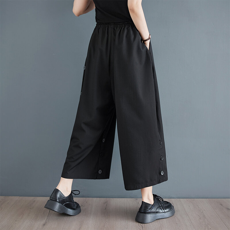 Japońskie guziki w stylu Yamamoto z wysokim stanem szykowne ciemny czarny luźna na wiosnę letnie spodnie z szerokimi nogawkami moda uliczna damskie spodnie na co dzień