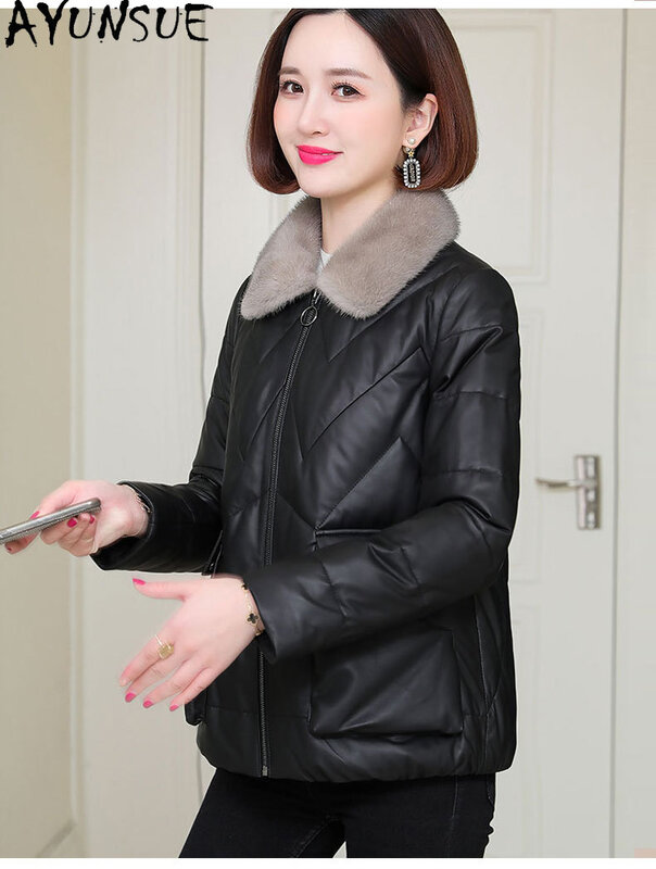 AYUNSUE 여성용 진짜 가죽 재킷, 양가죽 코트, 밍크 퍼 칼라, 짧은 다운 코트, 가을, 겨울 파카, 카사코, 여성