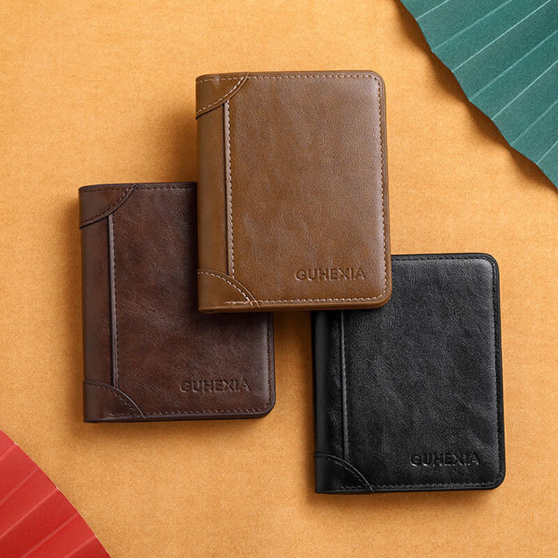 Genuine Leather Rfid Wallet Men Slim Vertical Wallets Black Thin Short ID Credit Card Holder Minimalist Men's Brown Money Bag