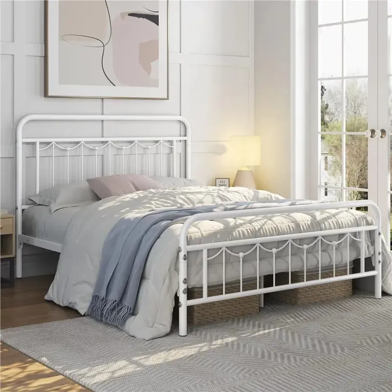 Marco de cama tamaño Queen, cabecero Vintage, soporte de listón de acero resistente, amplio almacenamiento debajo de la cama, marco de cama tamaño Queen