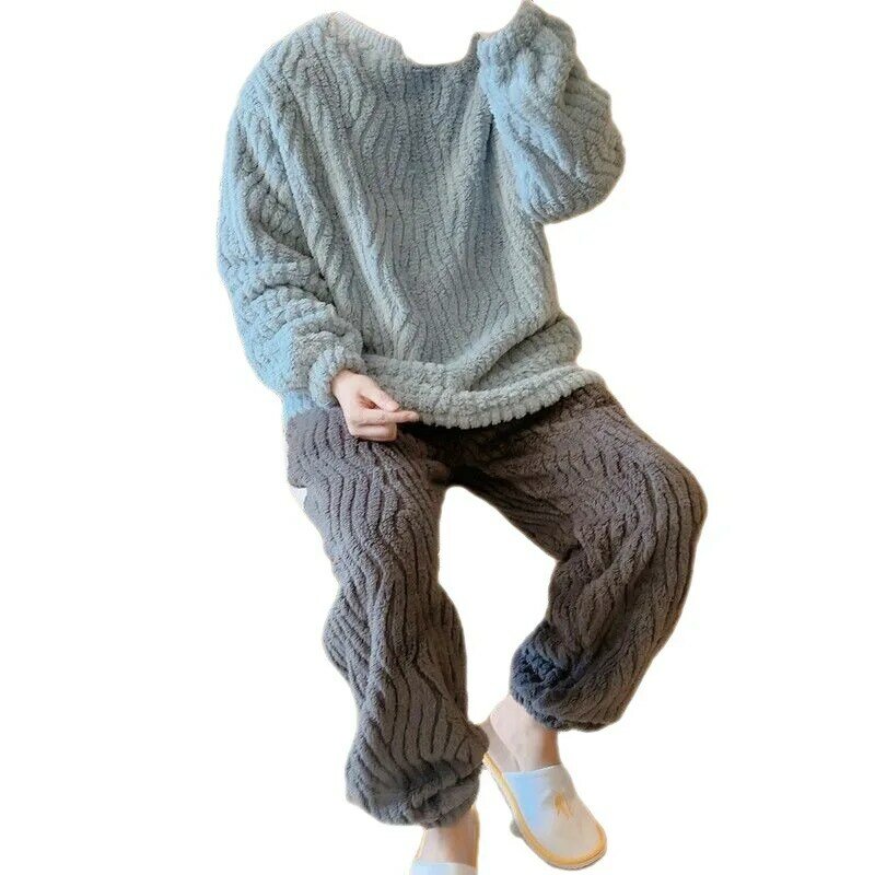 Пижамный комплект мужской зимний из 2 предметов, теплый комплект из кораллового флиса, свободная однотонная Домашняя одежда с длинным рукавом и круглым вырезом
