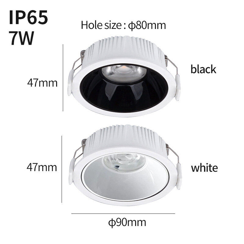IP65กันน้ำดาวน์ไลท์กันความชื้นแบบฝังไฟ LED ป้องกันหมอกห้องครัวห้องน้ำไฟติดเพดาน DC12V AC220V 7W