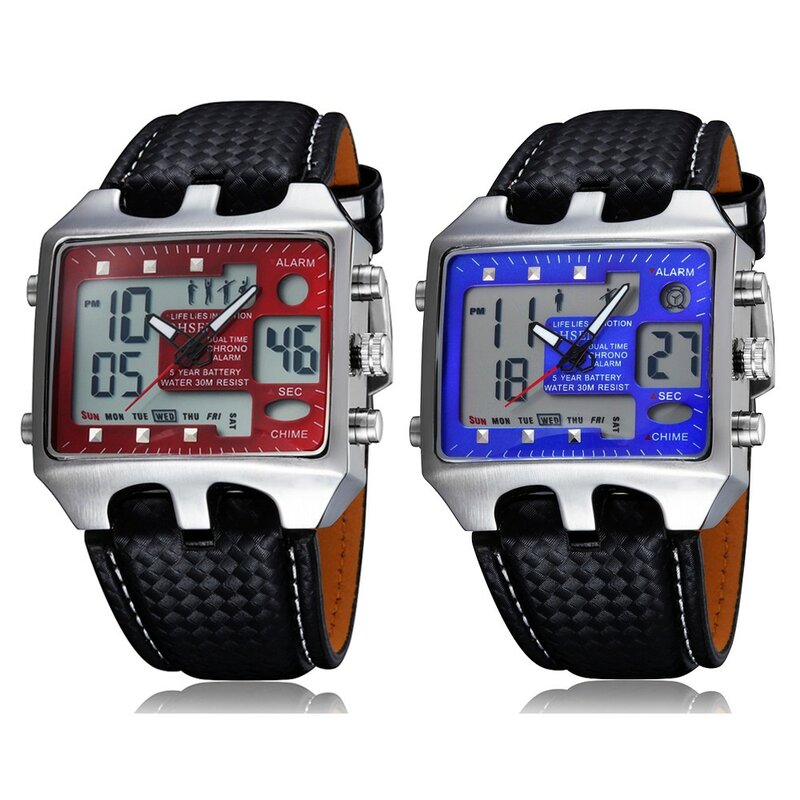 OHSEN-남성용 가죽 스트랩 시계, 스포츠 쿼츠 방수 레드 블루 밀리터리 디지털 남성용 시계, 신제품