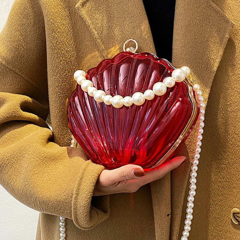 Tas selempang wanita desain cangkang transparan akrilik, tas tangan rantai mutiara dompet kecil warna permen
