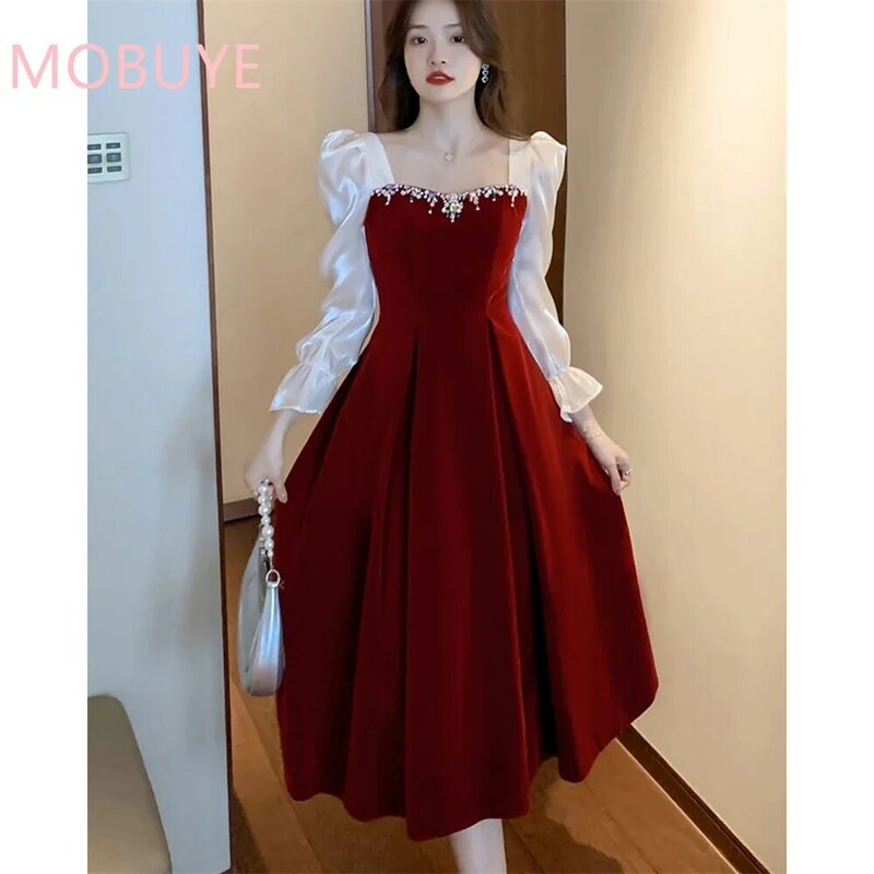 MOBUYE 2024 Popular Square Neckline Prom Dress Ankle-Length With Long SLeeves Evening Fashion Elegant Party Dress For Women