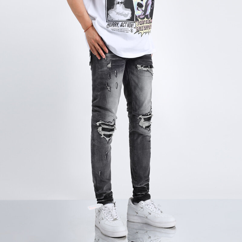 Джинсы мужские Стрейчевые в стиле ретро, рваные джинсы скинни, кожаные заплатки, дизайнерские Брендовые брюки в стиле хип-хоп, Черные Серые