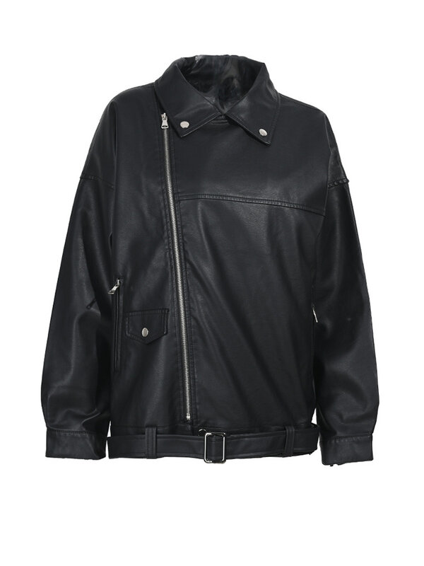 [EAM] High Quality 2024 Spring Black PU Leather Loose Turn-down Collar Zipper Fashion New Women's Wild Jacket LA938