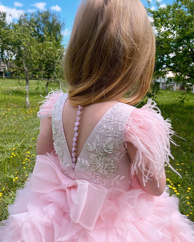Fatapaese ชุดเดรสสีชมพูสำหรับ balita perempuan ชุดวันเกิดประดับด้วยลูกปัดแวววาวประดับขนนกชุดไปงานเต้นรำปุยสำหรับงานแต่งงาน