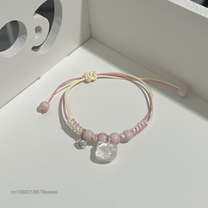 Sanrio – Bracelets rose Hello Kitty pour filles, corde à main porte-bonheur, Bracelet tressé doux pour femmes, mignon pendentif KT, accessoires de mode