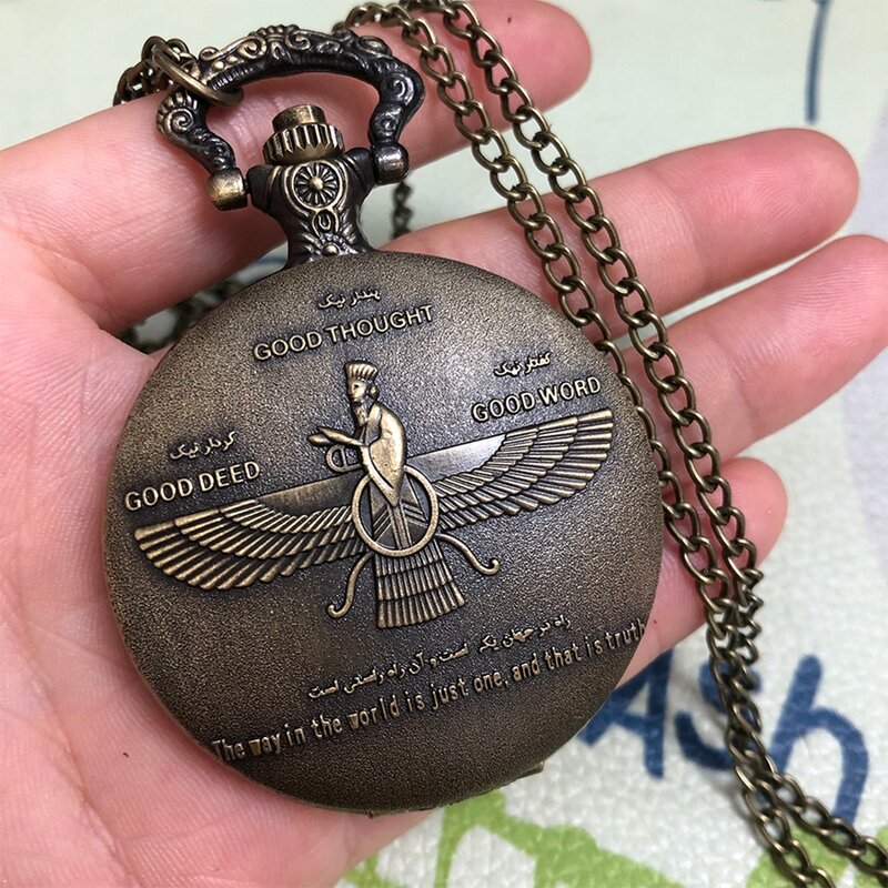 Reloj de bolsillo de cuarzo de bronce Fahrivar, pulsera con colgante de cadena, buen pensamiento, palabra buena, Retro, religioso, regalo para hombre