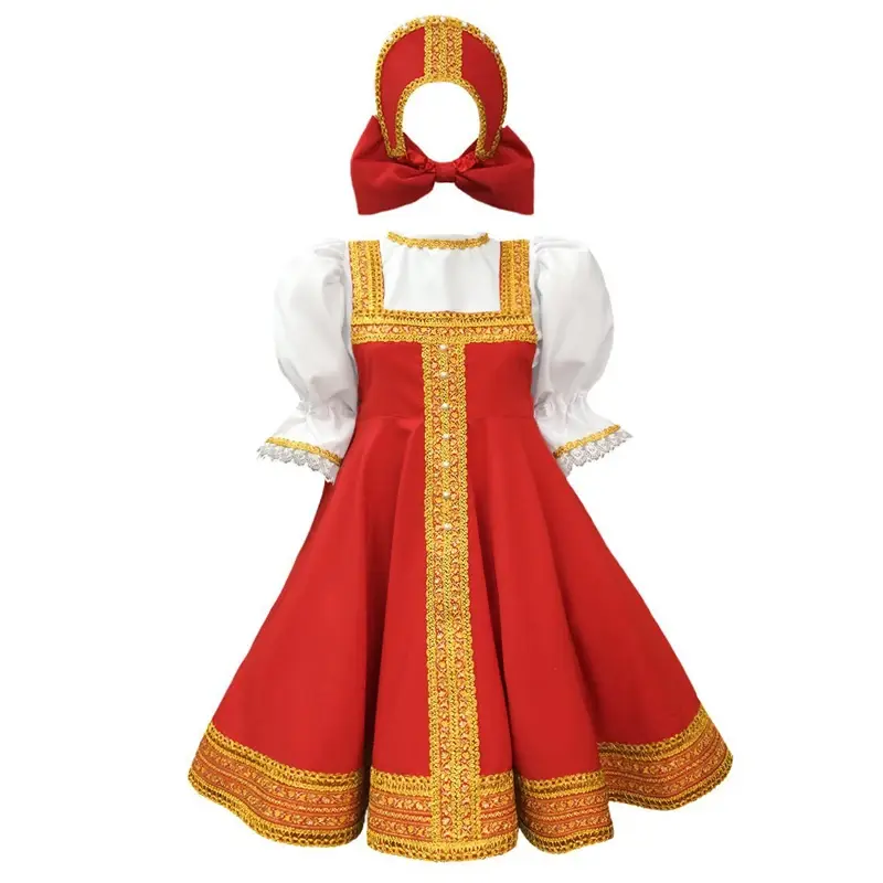 Disfraz de niña de baile ruso, vestido de fantasía folclórico de sarafán rojo, ropa tradicional rusa para niños