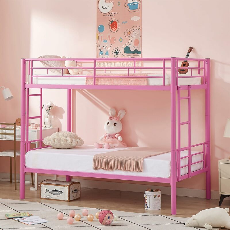 Metal Bunk Bed Twin Over Twin, Industrial Bunkbeds with Ladder and Full-Length Guardrail, Noise Free, No Boxing Spring Needed
