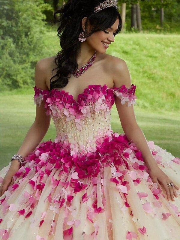 Vestidos de Fiesta de quinceañra con flores en 3D coloridas, Vestidos elegantes sin hombros, Vestidos de princesa largos con lentejuelas brillantes, dulces 16