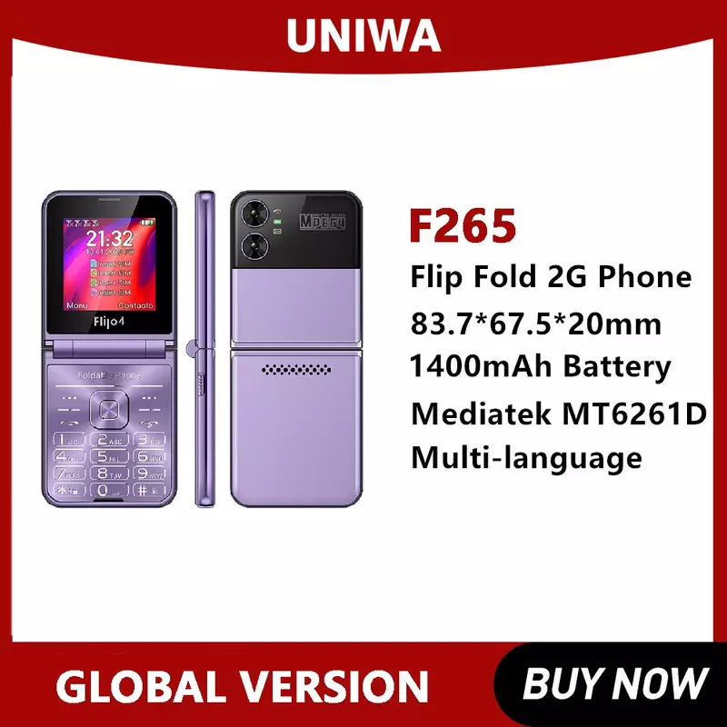 UNIWA-Fold Flip Celular para Idosos, Grande Botão de Pressão, Tela Dupla, Único Nano, 2G, 1400mAh Bateria, F265, 10CP