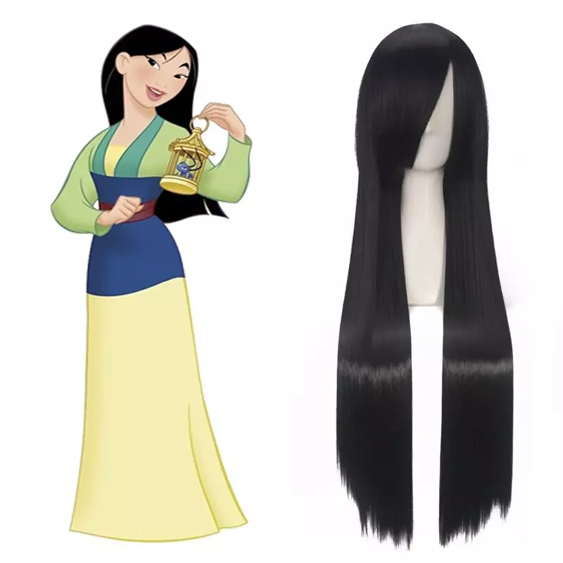 Mulan-Peluca de Cosplay para mujer y niña, pelo sintético largo y liso, color negro, gorro de princesa
