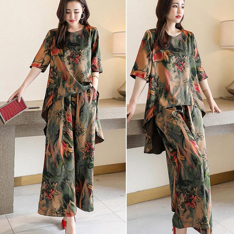 Stylish Casual Outfit 3D Cutting Loose Outfit Elastic Waistband Casual T-shirt Long Wide Leg Pants Outfit Dressing Up
