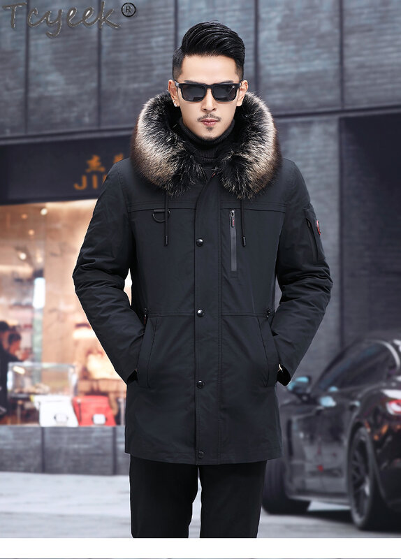 Мужская зимняя куртка Tcyeek, модель 2023 года, модная мужская парка, пальто средней длины из натурального меха, теплая куртка с воротником из меха енота