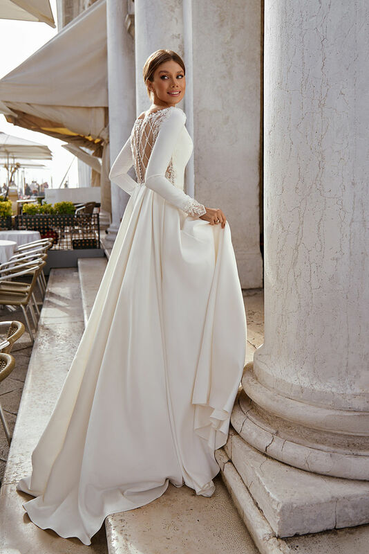 Vestido de novia de satén de manga larga con cuentas de cristal, elegante, A line