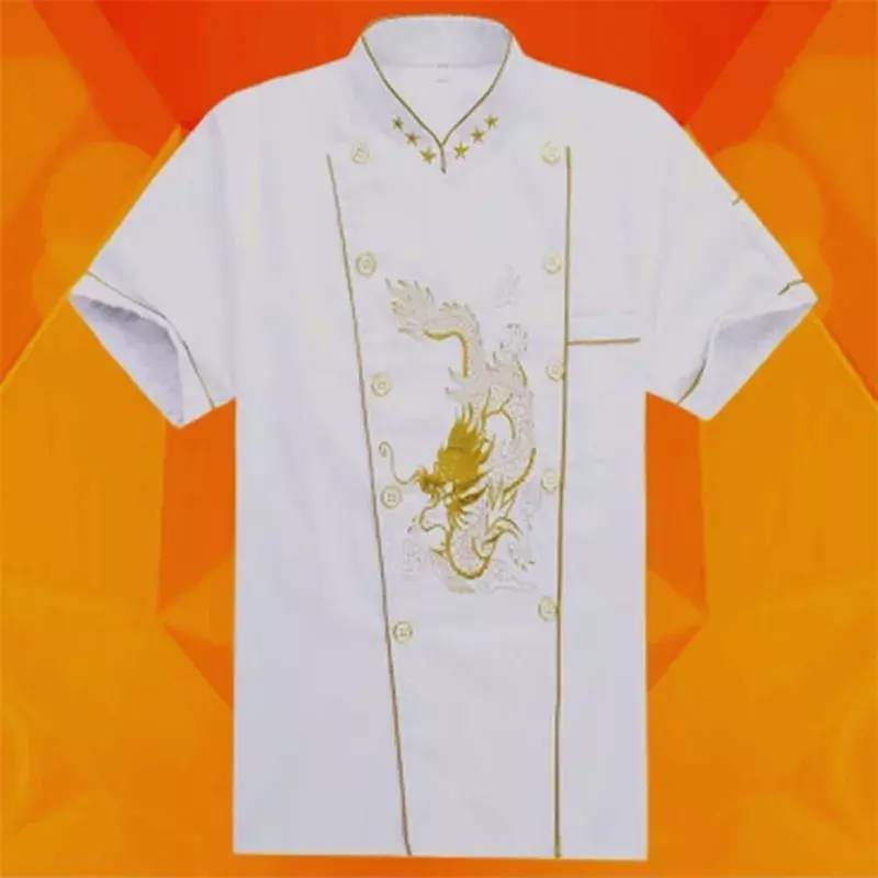 New Men Women Embroidery Dragon Cook Uniform Short Sleeve Kitchen Work Wear Mesh Patchwork Breathable Food Service Chef Jacket