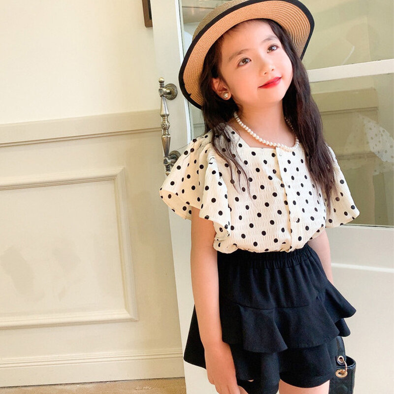 3-8 Year Girls' Summer Outfit New Sweet Polka Dot Bubble Sleeve Top+skirt Pants 2-piece Set