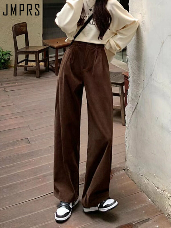 JMPRS High Waist Women Vintage Corduroy Pants Straight Casual Spring Trousers Koran Vintage Coffee Pockets All Match Pants New