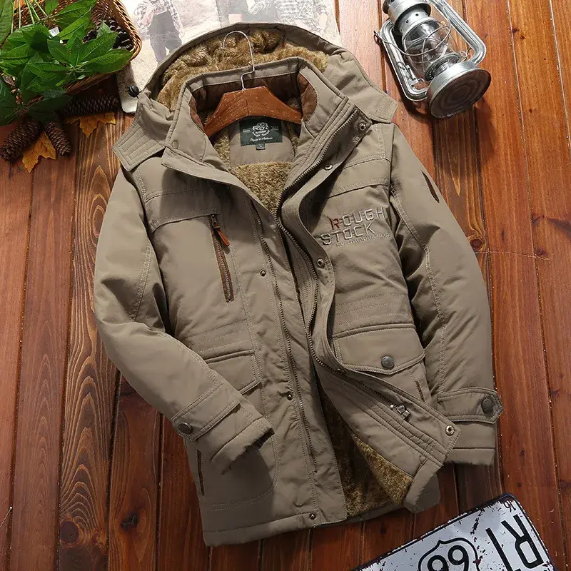 Casaco de Parka exterior forrado de lã masculino, corta-vento com capuz, casaco grosso quente, jaqueta multi-bolso, tamanho grande 6XL, inverno