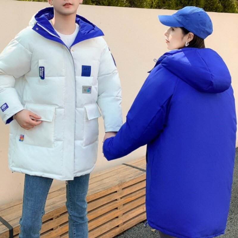 Jaket empuk bolak-balik untuk pria dan wanita, mantel katun panjang setengah musim dingin, jaket jalan longgar pasangan gaya Korea