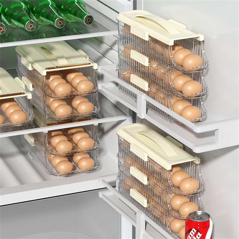 กล่องเก็บไข่ถาดจัดระเบียบพลาสติกอุปกรณ์ครัวภาชนะสไลด์แบบม้วนถาดใส่ตู้เย็นหลายชั้น