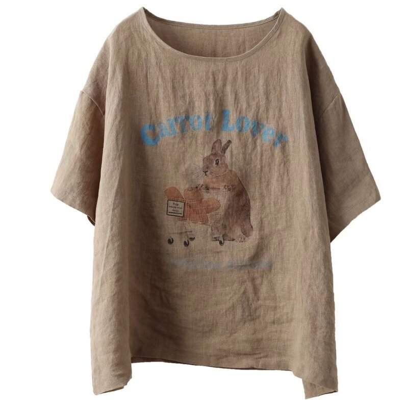 Camisetas veraniegas de lino y algodón para mujer, ropa holgada con cuello redondo, estampado de letras y animales, informal, versátil, de manga corta