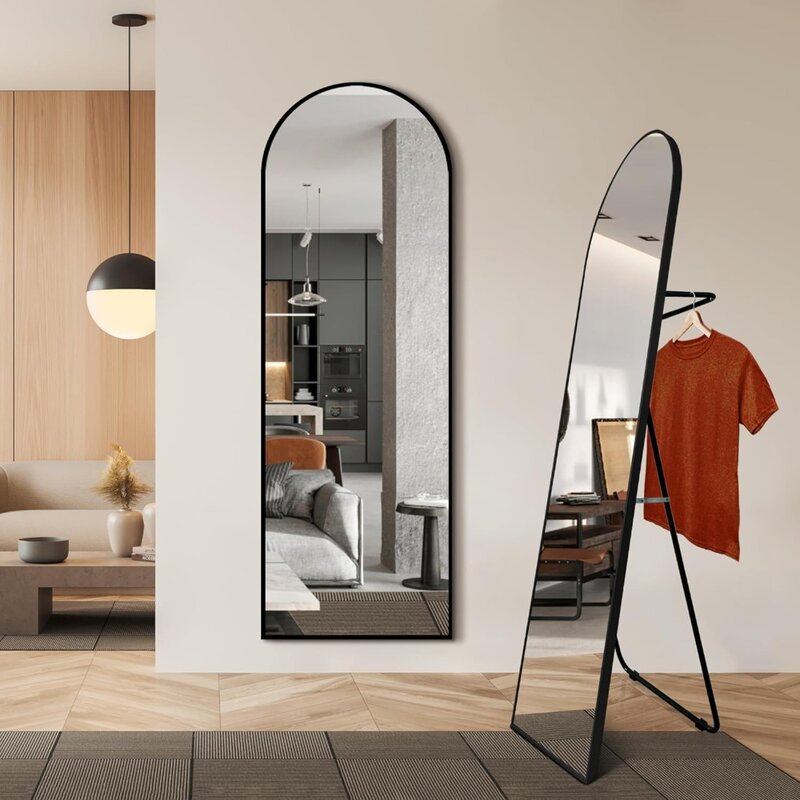 مرآة مقوسة بطول كامل مع رف ملابس قابل للطي ، مرآة أرضية كبيرة ، إطار من سبائك الألومنيوم للباب ، غرفة نوم وحمام