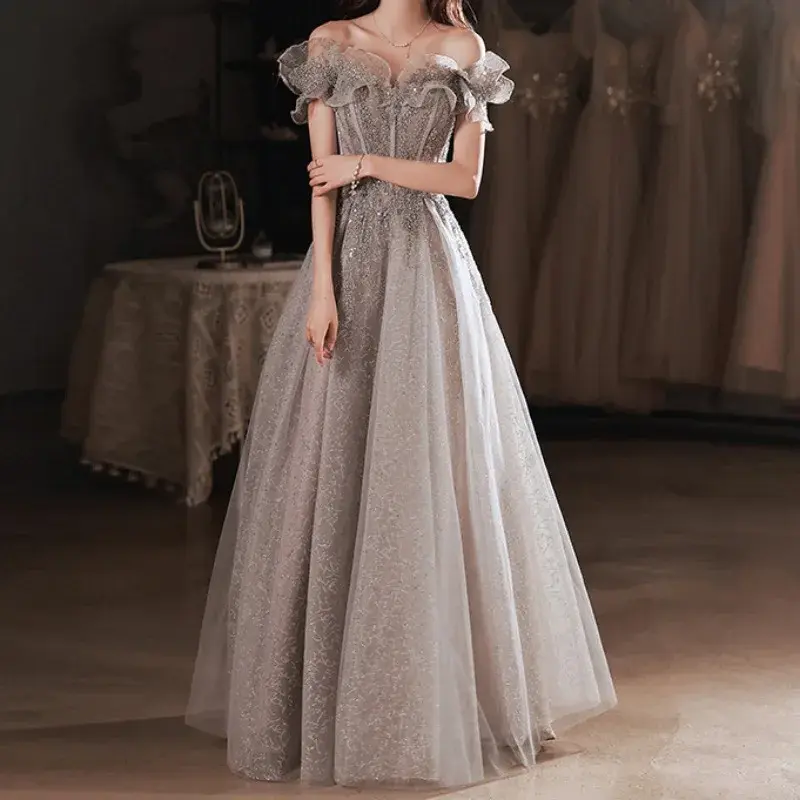 Elegant Gray Flowers Evening Dress Off Shoulder Shiny A-line Ruched Lace Up Woman Formal Party Prom Gowns New vestido de festa