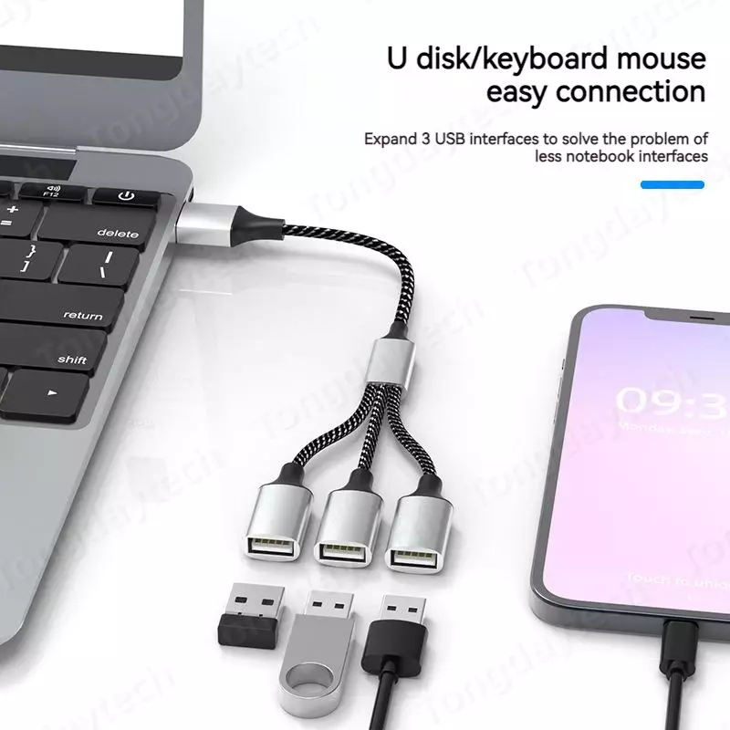 Extensiones de concentrador USB tipo C, Divisor de Cable USB de 4 puertos, adaptador de transferencia de alta velocidad OTG, convertidor portátil para PC, portátil, Macbook Pro