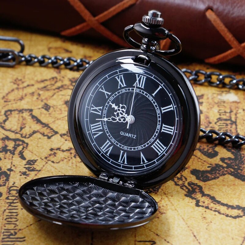 Vintage Luxury Black Case Pocket Watch for Men Roman Numeral Quartz Fob Chain Clock Necklace Pendant Gifts relógio de bolso