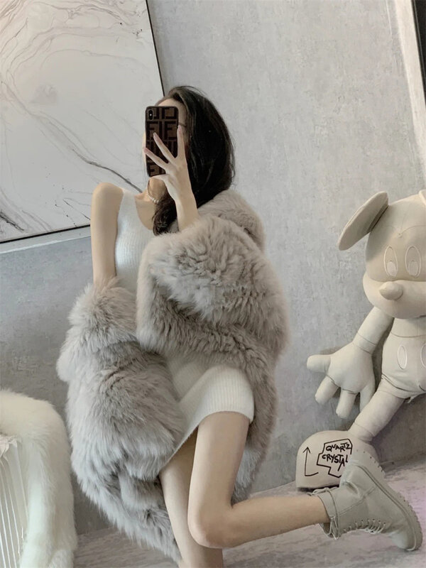 2024 Winter Warm Faux Fur Coat Women Bat Sleeve Thick Plush Hairy Jackets Ladies Lazy Loose Hooded Outwear Fashion Clothing