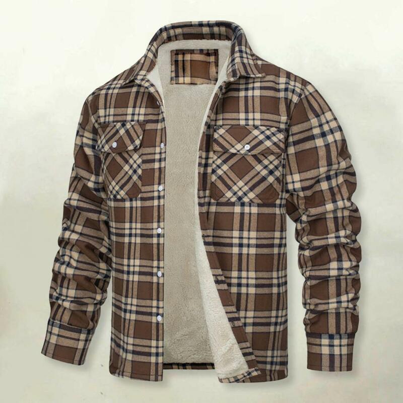 남성용 싱글 브레스트 재킷, 체크 무늬 프린트 라펠 재킷, 부드러운 플러시 포켓, 캐주얼 싱글 브레스트 디자인, 가을, 겨울
